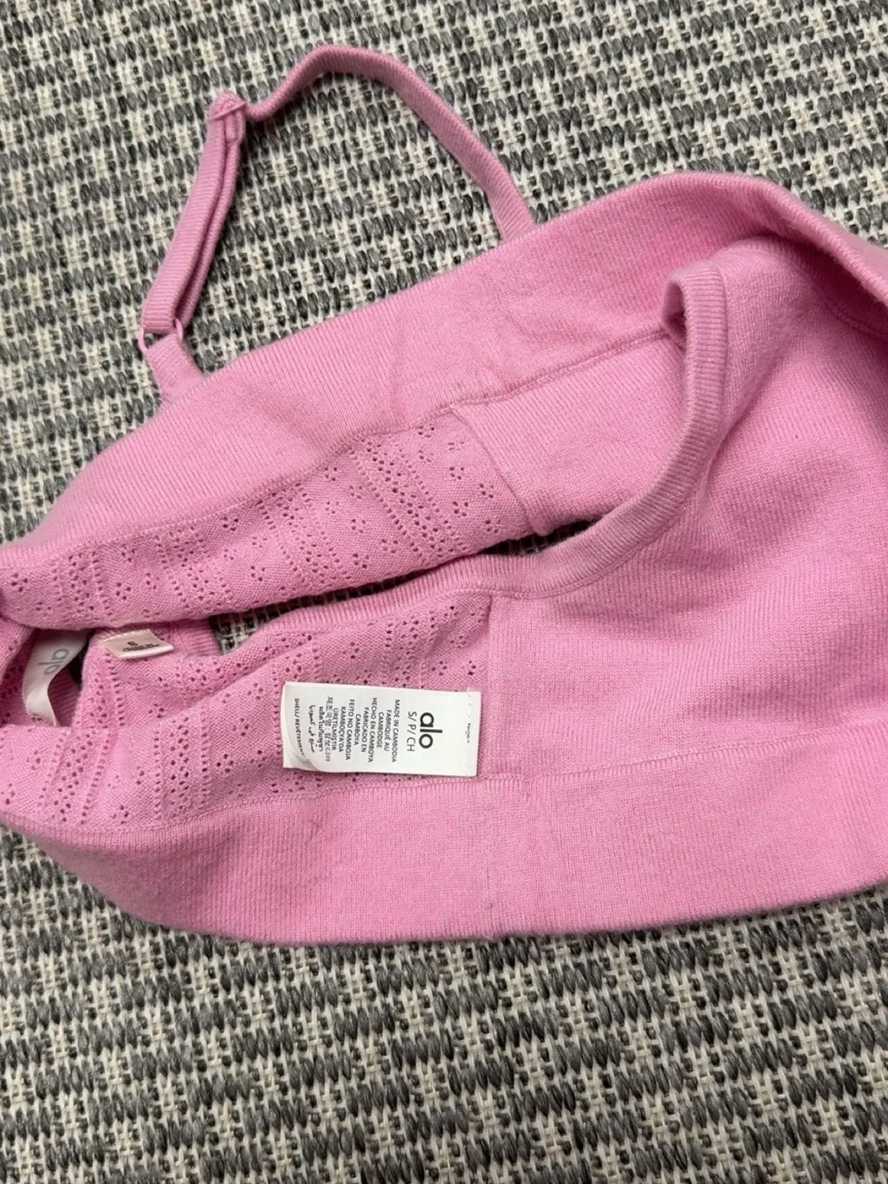 Alo Yoga Pointelle Sweater Be Mine Bra in Candy Heart Pink